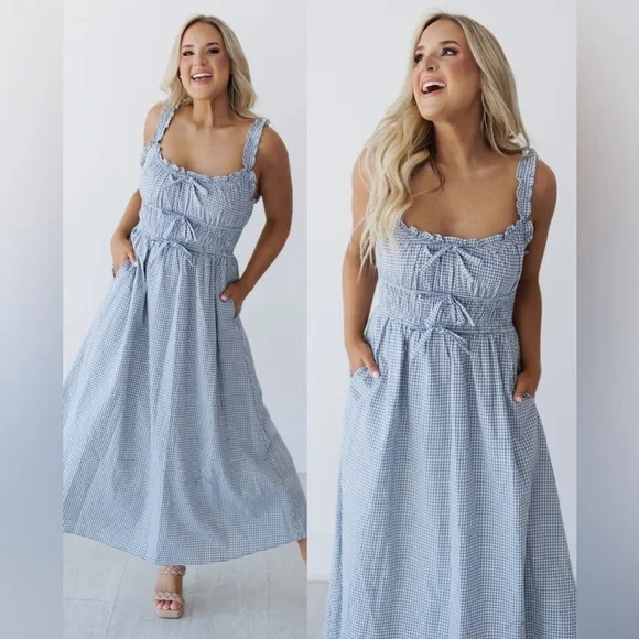 Landry Kate / Storia Kimber Blue Gingham Sleeveless Bow Ties Midi Dress Medium - Picture 1 of 11